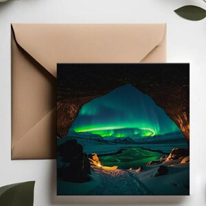 Tarjetas de felicitación de la aurora boreal en la cueva del norte / Tarjetas de aventuras Ilustraciones del cielo nocturno / Tarjetas de felicitación para viajeros / Cielo mágico del norte