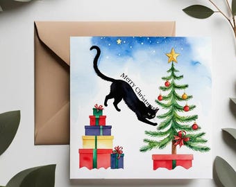 Biglietto di Natale con gatto nero, simpatico biglietto di Natale per