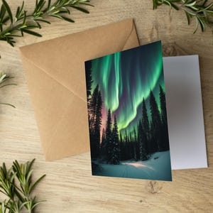 Cielo nordico stravagante / Biglietti di auguri con aurora boreale panoramica / Biglietti di Natale Illustrazioni del cielo notturno / Biglietti di auguri fatti a mano /