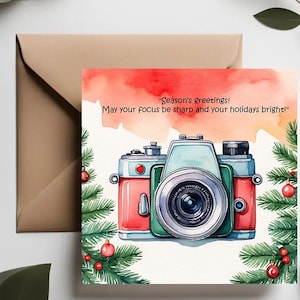 Xmas Photo Camera | Fotograficzna kartka świąteczna | Życzenia świąteczne Żarty fotograficzne | Retro Foto Camera Illustration Card