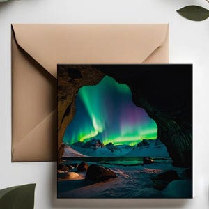 Aurora borealis greeting cards | Adventure cards Night sky illustrations |  Traveler greeting cards | Magical northern sky