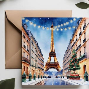 Biglietto di auguri di Natale invernale a Parigi / Illustrazione del biglietto di auguri per le vacanze della Torre Eiffel / Biglietto di auguri romantico di Natale a Parigi / Vacanza romantica francese