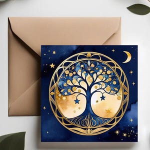 Kosmische levensboom wenskaart | Hemelse levensboom kaart | Maanboom levensboom kaart | Levensboom print met sterren | Kosmische levensboom