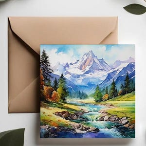 Tarjeta de felicitación con un río en la montaña / Tarjeta de primavera con un paisaje espectacular / Tarjeta de caminata de verano / Tarjeta de felicitación con los Alpes suizos / Tarjeta de felicitación con la naturaleza / Tarjeta de viaje por Europa