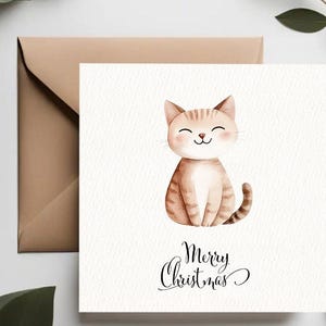 Biglietto di Natale con un simpatico gatto acquerellato / Illustrazione di un gatto felice / Biglietto di Natale minimalista con un gattino felice / Biglietto di auguri perfetto per gli amanti dei gatti