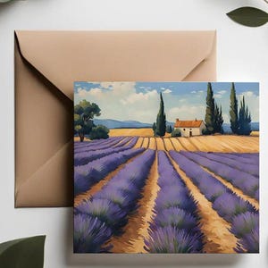 Provence wenskaarten lavendelveld | Handgemaakte paarse lavendellandschapsnotitiekaarten | Aquarel Bloemenvelden
