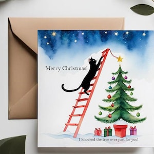 Arbre de Noël de chat noir cartes de vœux | Cartes de Noël mignonnes de chat noir pour les amoureux des chats | Cartes drôles de vacances festives