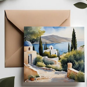 Set di biglietti di auguri Grecia / Isola greca mediterranea / Biglietto di auguri di compleanno artigianale con villaggi blu e bianchi dell'isola di Santorini / Grecia Mikonos