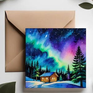 Aurora borealis greeting cards | Northern lights greeting card |  Christmas cards Night sky illustrations | Handcrafted greeting cards |