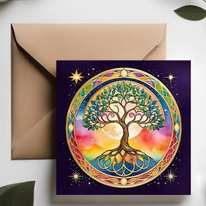 Sieben Chakra Baum des Lebens Grußkarten | Rainbow Celestial Baum des Lebens Grußkarte | Vollmond | Sternenklarer Nachtbaum des Lebens Druck