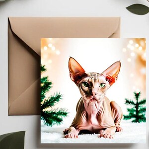 Sphynx Cat Christmas Card | Winter Holiday Cards | Gift For Cat Lover | Christmas Cards | Size 5.9x5.9 inch folded | Single Card or Card Set