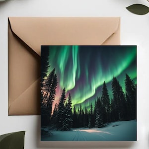 Cartões de felicitações com aurora boreal cênica | Cartões de Natal Ilustrações do céu noturno | Cartões de felicitações artesanais | Céu mágico do norte