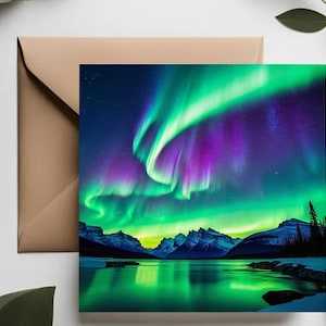Ciel violet Aurores boréales | Cartes de voeux d'aurores boréales | Carte de voeux d'aurores boréales |  Cartes de Noël Illustrations de ciel nocturne |
