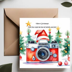 Ilustracja aparatu fotograficznego retro kartka z pozdrowieniami bokeh i radość Boże Narodzenie | Mem fotograficzny | Kartka świąteczna fotografa |