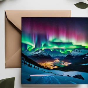 Cartes de voeux de ciel nocturne | de cartes d'anniversaire aurore boréale | Cartes d'hiver | Cartes de vœux de luxe | Ciel nocturne rose et vert