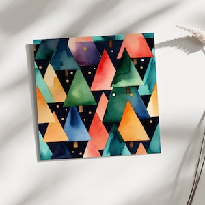 Juego de tarjetas de felicitación con diseño geométrico moderno de árboles de Navidad / Árboles de Navidad abstractos coloridos / Tarjetas con diseño de árboles de Navidad en acuarela / Diseño minimalista