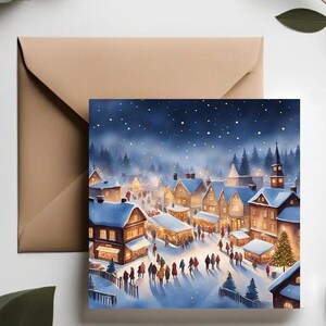 Cartoline di Natale con affascinanti villaggi innevati / Cartoline di Natale festive con scene di villaggi invernali / Accoglienti paesaggi innevati di Natale