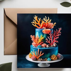 Cartes de voeux de gâteau d'anniversaire sous-marine | pour les amoureux de l'océan Cartes de vœux | Art animaux marins pour les anniversaires de garçons | Collection de récifs coralliens