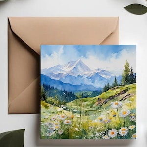 Tarjeta de paisaje primaveral / Tarjeta de campo de flores silvestres / Tarjeta de felicitación panorámica / Tarjeta de felicitación de los Alpes suizos / Tarjeta de felicitación de naturaleza / Tarjeta de viaje a Europa /