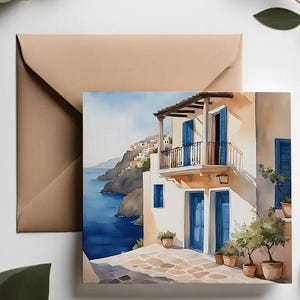 Biglietto di auguri per le vacanze in Grecia / Biglietti di auguri greci mediterranei / Biglietti di auguri artigianali con i villaggi costieri delle isole greche / Acquerello