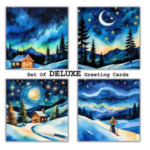 Cartes de Noël de skieur | Set de cartes de voeux ciel d'hiver | Cartes enchantées Cartes de voeux premium | Jeu de cartes de vœux magiques |