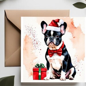 Biglietti di Natale con bulldog francese nero / Set di 4 biglietti con cane / Divertenti biglietti di Natale con cani in abiti da festa