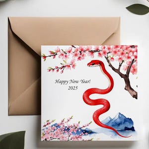 2025年の中国の年 | 年賀状 | 豪華な年賀状 | 蛇のグリーティングカード | 幸せな桜の木