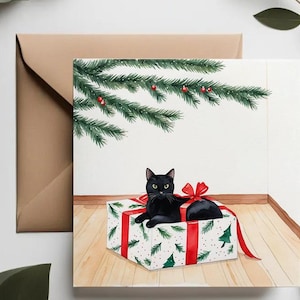 Biglietti di compleanno con gatto nero / Set di biglietti divertenti per gli amanti dei gatti / Albero di Natale con gatti / Fiocchi di neve