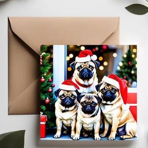 Schattige kerstkaarten voor mopshonden | 4 kaartenset | Grappige kerstkaarten met mopshonden in vakantieoutfits | Charmante kaarten voor dierenliefhebbers