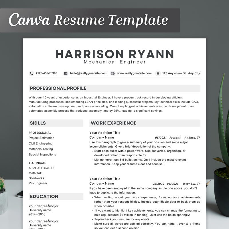 Canva resume templates for civil engineer - Etsy.de