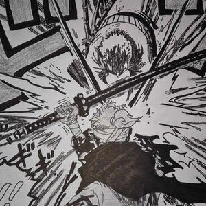 以下が含まれることがあります： 白黒の漫画スタイルのイラストで、キャラクターがダイナミックなポーズで剣を振るっている。キャラクターはエネルギーラインのバーストと幾何学的な形の背景に囲まれている