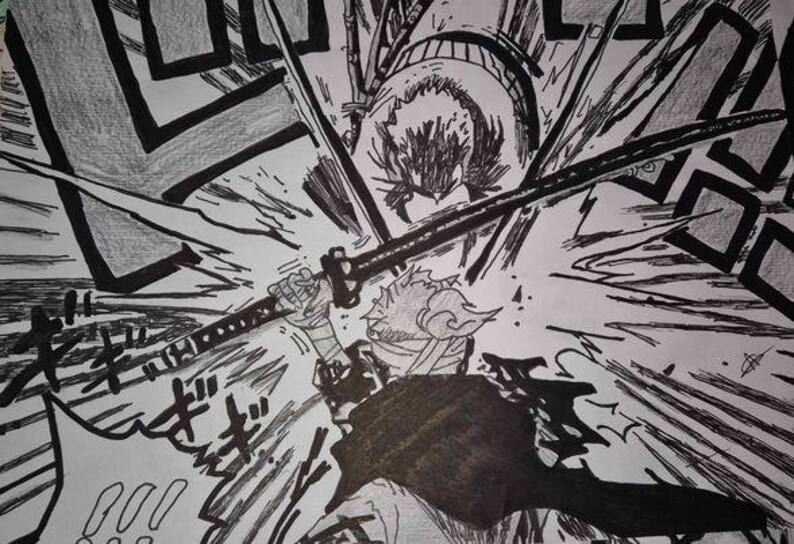 以下が含まれることがあります： 白黒の漫画スタイルのイラストで、キャラクターがダイナミックなポーズで剣を振るっている。キャラクターはエネルギーラインのバーストと幾何学的な形の背景に囲まれている
