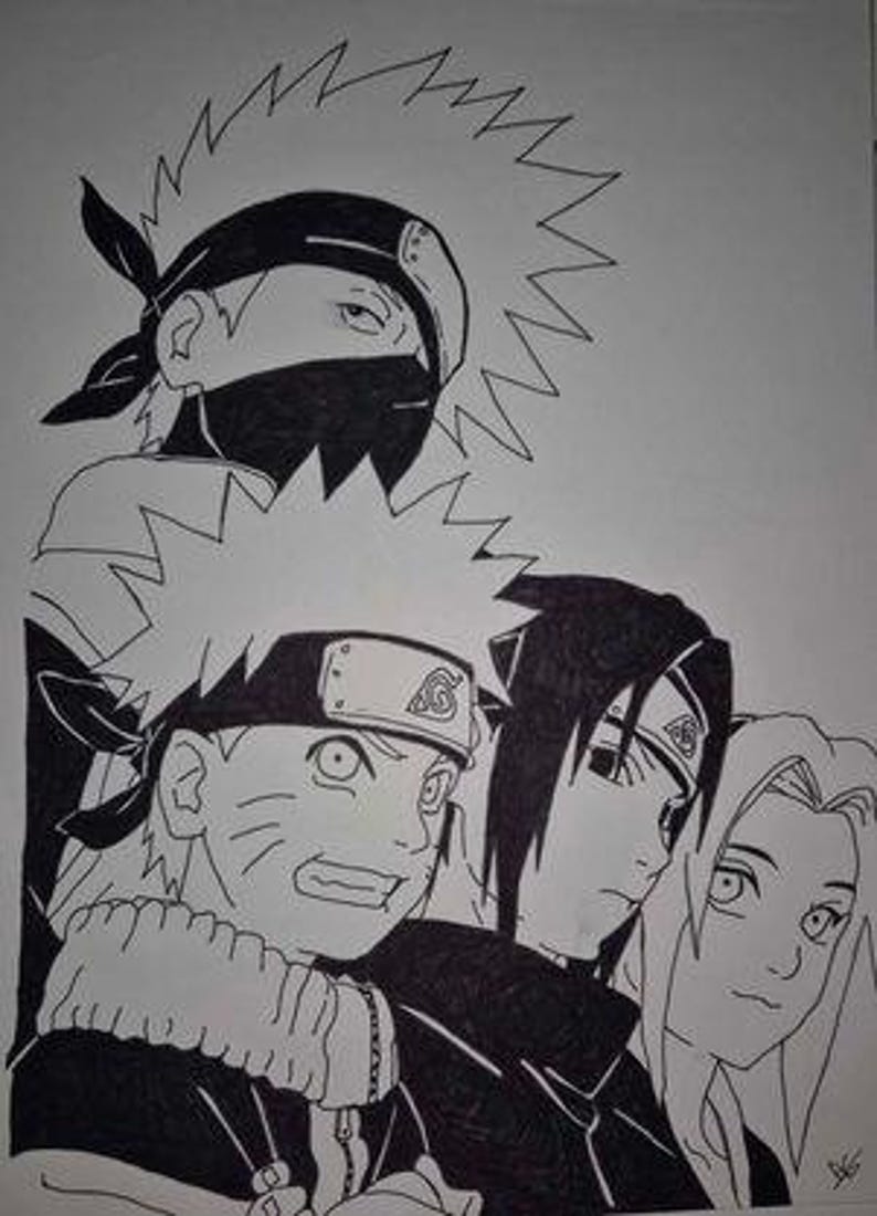 以下が含まれることがあります： 白黒の線画で描かれた4人のアニメキャラクター。キャラクターは漫画風。キャラクターはそれぞれ違う方向を見ている。キャラクターはそれぞれ違う服装をしている。キャラクターは全員白い背景の前に立っている。