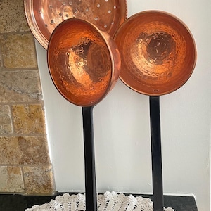 Vintage Copper Ladles. Large Kitchen Utensils. Vintage Copper Strainer with handle. Retro Kitchen Decor. Decorative Hammered Copper Utensils