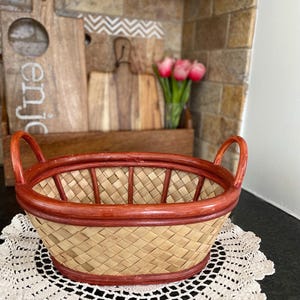 Vintage Woven Wicker Basket with Wooden Accents. Decorative Basket. Vintage Fruit Basket. Retro Home Decor. Asian Basket. Housewarming Gift.