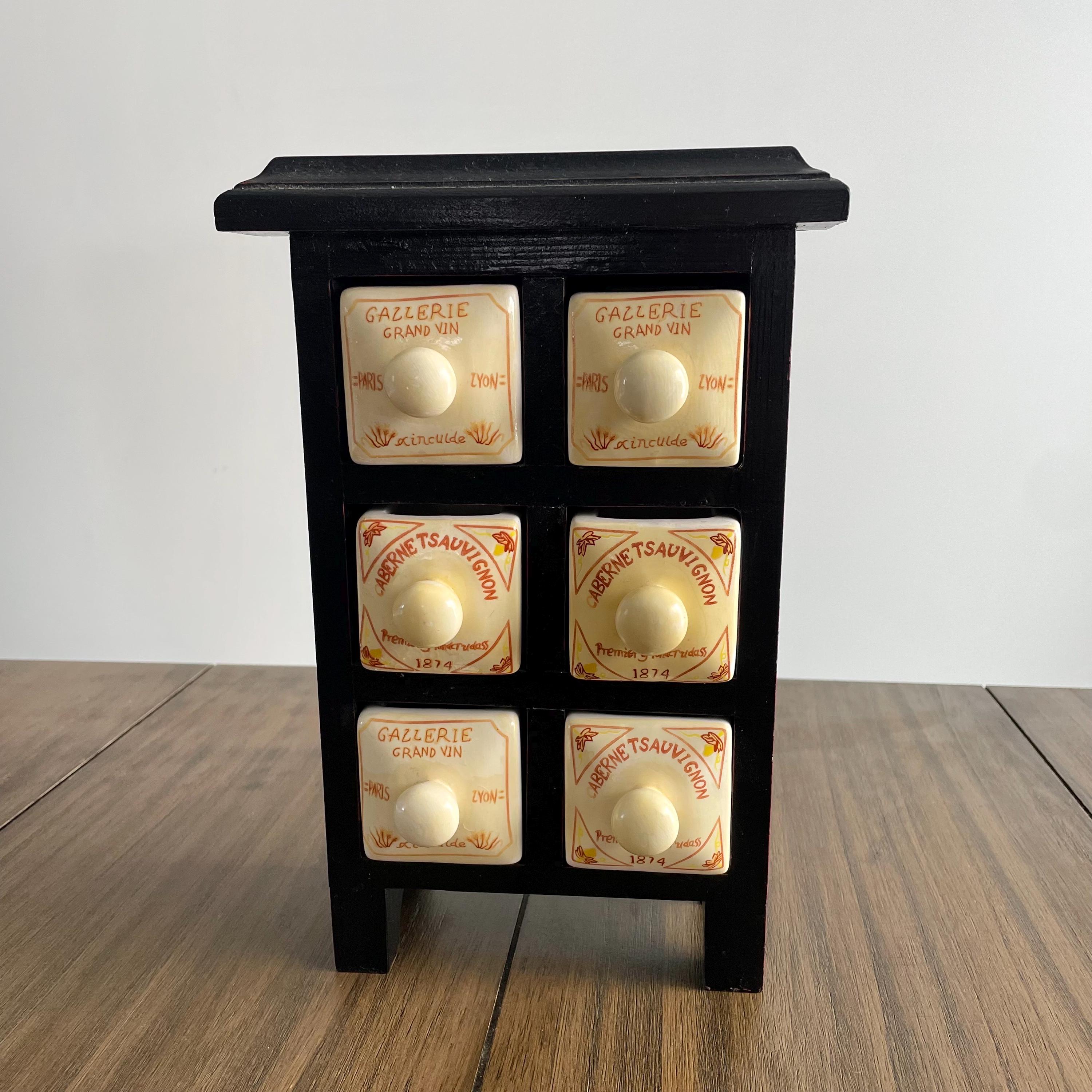 Vintage French Apothecary Spice Rack. Dark Wood Cabinet With Porcelain ...