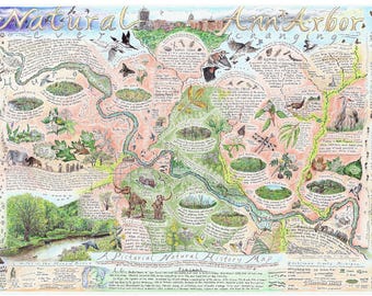 May include: A hand-drawn map of Ann Arbor, Michigan, depicting the natural history of the area. The map is filled with colorful illustrations of plants, animals, and landmarks. The title "Natural Ann Arbor" is written in a whimsical font.