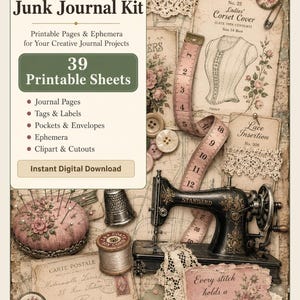 Puede incluir: Un kit digital imprimible titulado Vintage Sewing Junk Journal Kit con 39 hojas. La imagen muestra una máquina de coser, una cinta métrica rosa, un alfiletero, un dedal, un carrete de hilo y diversos elementos de papel efímero.