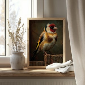 European Goldfinch Oil Painting Print – Rustic Fence Post, Moody Autumn Art (Digital Download)