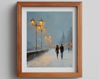 Romantic Couple Skating Print - Vintage Winter Street Scene (Digital Art)