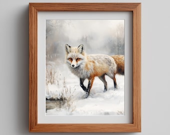 Red Fox Winter Landscape Oil Painting – Rustic Cabin Decor (Digital Download)