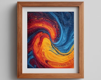 Abstract Swirl Oil Painting – Red, Blue, Yellow Art (Digital Download)