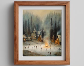 Winter Village Oil Painting Print - Vintage Ice Skating Scene (Digital Download)