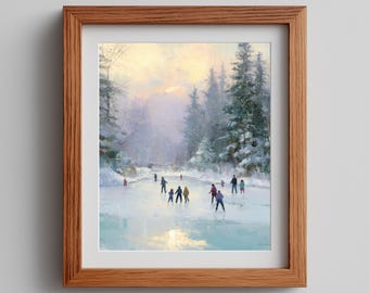 Winter Ice Skating Children Print - Vintage Festive Landscape (Digital Download)