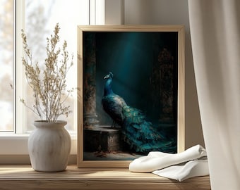 Moody Peacock Printable – Baroque Style Wall Art, Realistic Oil Painting (Digital Download)