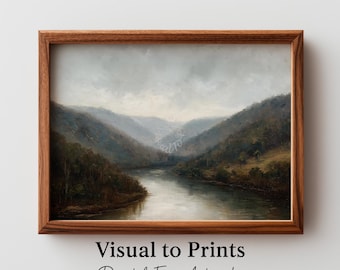 Appalachian River Valley Painting – Misty Mountains, Forest, Vintage Landscape (Digital Download)