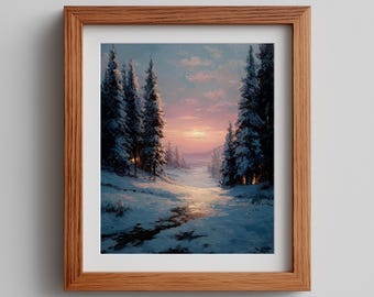 Snowy Forest Stream Print – Moody Winter Landscape (Digital Art)