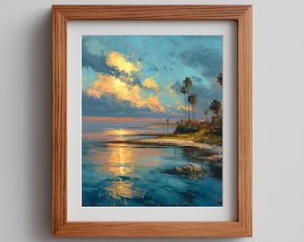 Vintage Coastal Sunset Print - Painterly Seascape with Palm Trees (Digital Download)