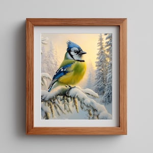 Puede incluir: Impresión enmarcada de un arrendajo azul posado en una rama cubierta de nieve. El ave tiene plumas azules, amarillas y blancas. El fondo presenta un bosque nevado con una luz cálida y dorada.