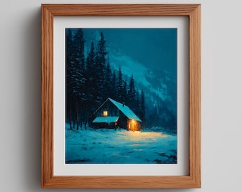 Winter Cabin Oil Painting Print – Snowy Forest Landscape (Digital Download)
